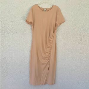 A New Day soft Elegant Tan Ruched Dress with side split size L